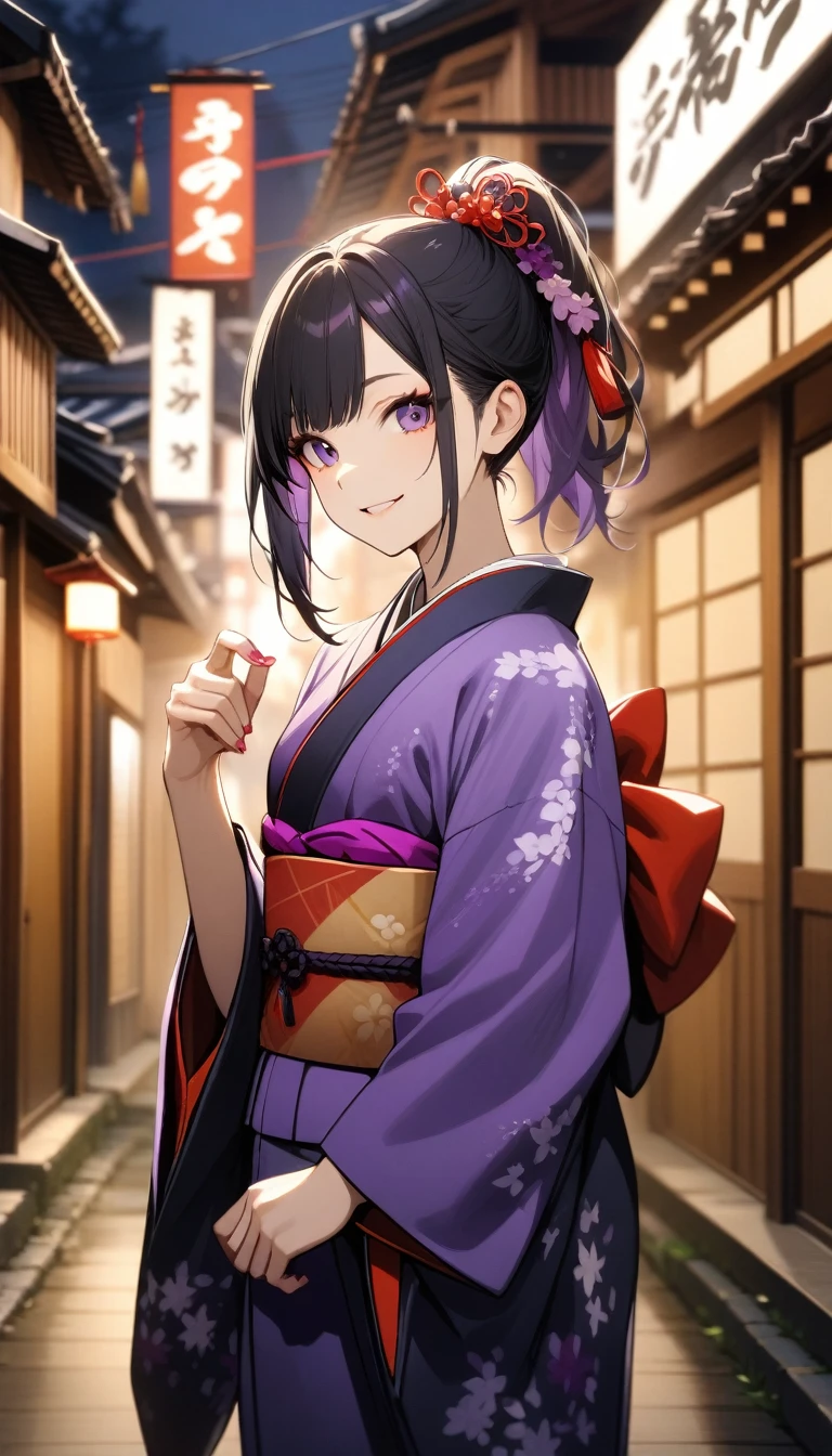Kyoto, High resolution, Highest quality, 1 girl solo, Smile, kimono, Black Hair, Purple highlights, ponytail