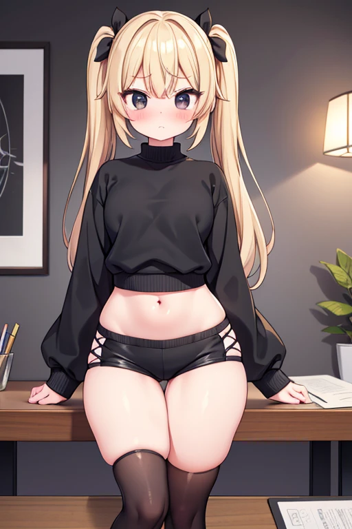 Maximum quality, work of art, high qualiy, detailed 8k, neat graphics. a girl, 独奏, very beautiful very beautiful. small, with blooming black eyes, light blonde hair tied in pigtails, (she is embarrassed blushing and red), looking at me with a silly but cute vulnerable expression, (Broad Hips, very wide, thicc thighs) wearing a short black bulky sweatshirt with thick, long sleeves showing off her midriff and wearing short shorts, very short black with white stripes. Appearing to be drawing something on a white sheet of paper on a table with a lamp.