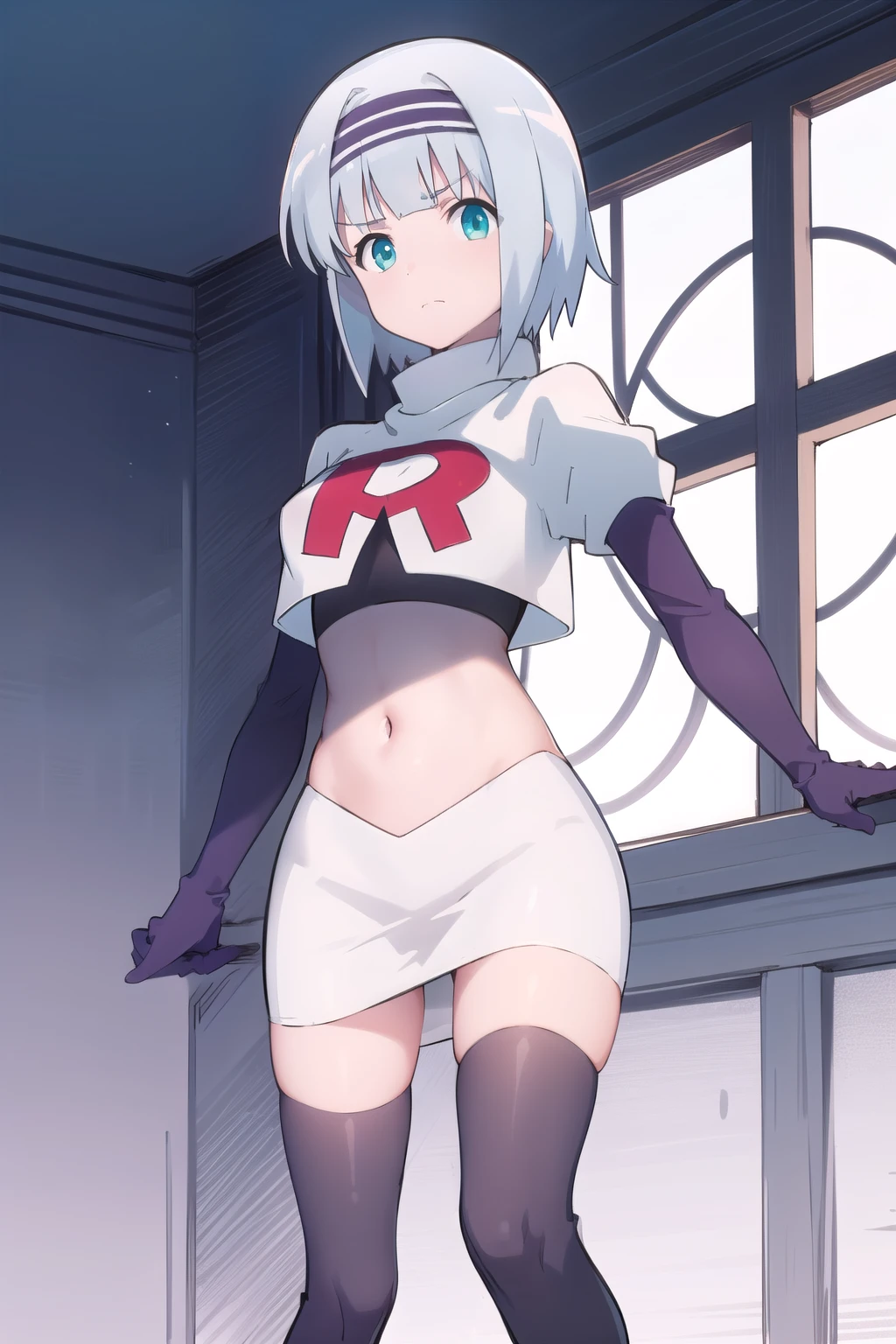 solo, 1girl, looking at viewer, 2D, anime, anime coloring, (simple background, solid white background:1.3),  linze silhoueska, team rocket,team rocket uniform,white skirt,red letter R,crop top,black thigh-highs,black elbow gloves