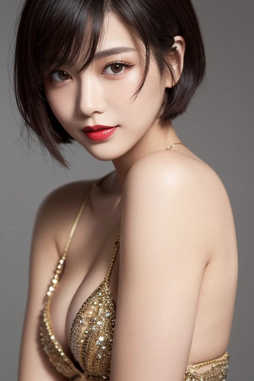 fashion Korean Model: masterpiece, Full body short nude, big , short hair, fashion性の高いポーズ, fashion写真 – S2 高解像度, Very detailed, Highest quality,
Stunning beauty, Perfect skin texture, Realistic eye and facial details,
Plump lips with red lipstick, Captivating smile,
short, Spiky haircut with a bit of messy texture,
fashion性の高いポーズ, Sophisticated, Modern Background,
She shows off her toned figure and prominent cleavage.,
fashion photography with a cinematic, Blurred depth of field, Focus on her attractive features,
fashion