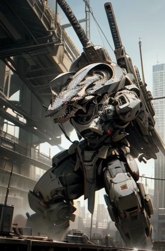 meca,roboT,droid,holding_weapon,giant,city,masterpiece,best quality,super detailed,super fine illustration,battle scene,white color,dynamic angle,Heavy equipment,ARMORED CORE,8k,masterpiece,best quality,Mass production machine,imperial military,black color,dragon,wing