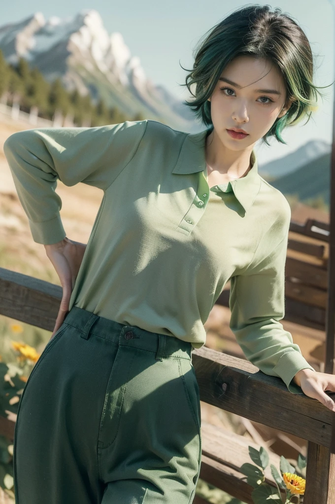 (((best quality))),(((ultra detailed))),(((masterpiece))),illustration,((1 beautiful girl,tomboy,solo)),(black short hair:1.2),((slim,thin)),((small breasts,thin)), vigorous, confident, (light green collared shirt:1.3), (dark green pants:1.2), simplicity, robustness, strong features, (vibrant colors:1.3), dynamic brushstrokes, glowing eyes, rebellious, sensible, (mountainous landscape:1.3), (vibrant colorful flowers:1.3), elegance, unyielding spirit, youthful beauty, strength, resilience, adversity, challenges,((from front,upper body))
