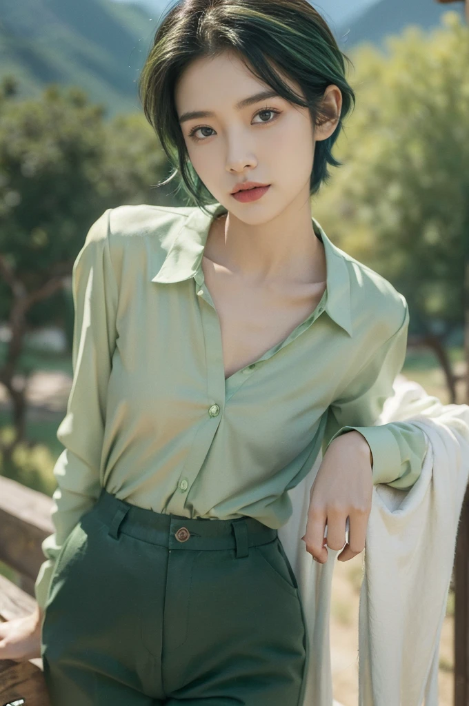 (((best quality))),(((ultra detailed))),(((masterpiece))),illustration,((1 beautiful girl,tomboy,solo)),(black short hair:1.2),((slim,thin)),((small breasts,thin)), vigorous, confident, (light green collared shirt:1.3), (dark green pants:1.2), simplicity, robustness, strong features, (vibrant colors:1.3), dynamic brushstrokes, glowing eyes, rebellious, sensible, (mountainous landscape:1.3), (vibrant colorful flowers:1.3), elegance, unyielding spirit, youthful beauty, strength, resilience, adversity, challenges,((from front,upper body))
