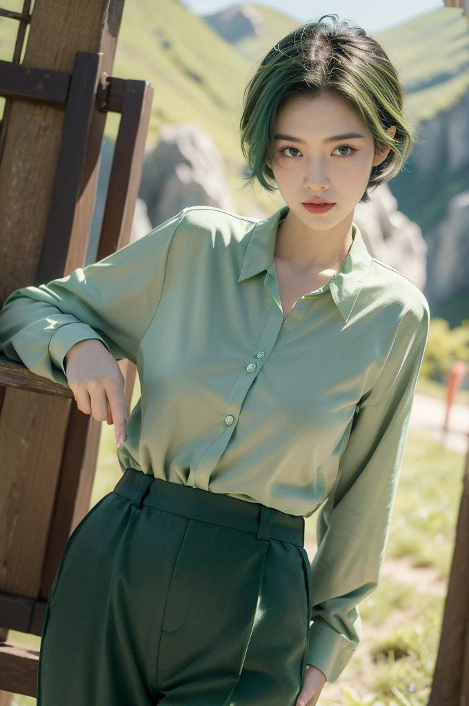 (((best quality))),(((ultra detailed))),(((masterpiece))),illustration,((1 beautiful girl,tomboy,solo)),(black short hair:1.2),((slim,thin)),((small breasts,thin)), vigorous, confident, (light green collared shirt:1.3), (dark green pants:1.2), simplicity, robustness, strong features, (vibrant colors:1.3), dynamic brushstrokes, glowing eyes, rebellious, sensible, (mountainous landscape:1.3), (vibrant colorful flowers:1.3), elegance, unyielding spirit, youthful beauty, strength, resilience, adversity, challenges,((from front,upper body))