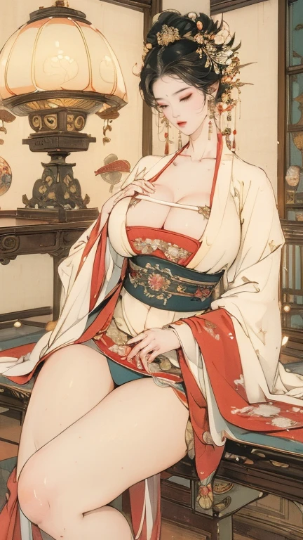 High resolution傳統墨水畫, Hanfu, Realistic big eyes, Huge breasts, plump breasts, Perfect body, thin waist, muscular thighs, perky buttocks, Smiling, legs spread, Stand with legs crossed, Buttocks touching the edge of the table, pubic hair, Large areola, gender, Intense mating, Retro fashion, open mouth,Completely naked,Ordinary bellyband,spread legs,Squat in a chair,corncob inserted into vagina,touch chest with hands,Breasts gushing milk,pockmark,Doggy Style,Open your hips with both hands,Touch the vaginal opening with your hands,(best quality, High resolution, masterpiece:1.2), Super detailed, actual, Art Deco reinterpretations of Japanese ukiyo-e prints "Woman blowing glass beads", bright colors, complex patterns, elegant posture, fashion fashion, Gorgeous interior, glass blowing studio, delicate glass beads, graceful movements, soft light, nostalgic charm, The fusion of Japanese traditional art and decorative art aesthetics, Exquisite craftsmanship, eternal beauty.