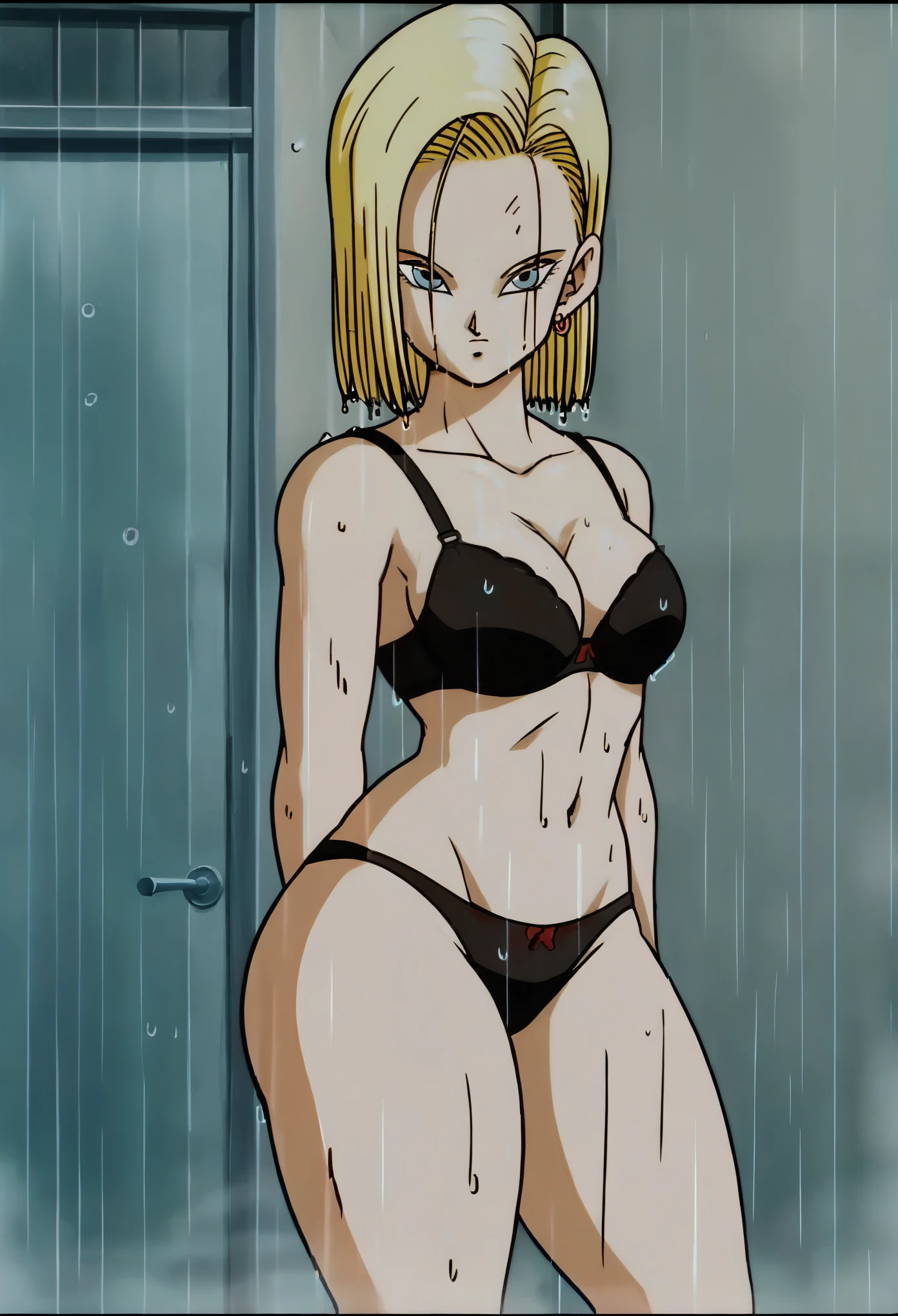 source_anime, score_9, score_8_up, score_7_up, anime screencap,
detailed face, retro artstyle, 1990s \(style\), android 18, classic look, 1girl, solo, looking at viewer, short hair, blue eyes, blonde hair, collarbone, fire, smoke, ruined city, wet hair, rain, standing up, ((panties)), ((bra)), ((((thick thighs)))), ((nude))