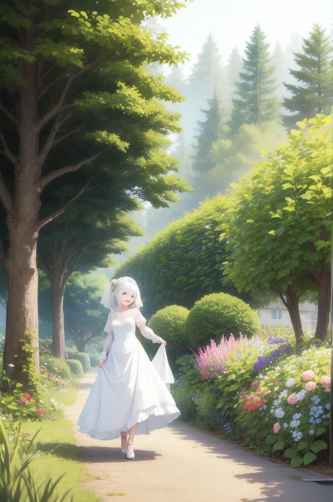 Wedding dress, climbing up, 1girl, solo, puffy sleeves, white hair, blue eyes, smile, high heels, windy, trees, masteriece, nature, garden, dress,