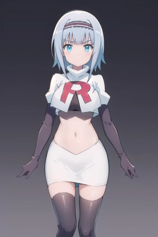 solo, 1girl, looking at viewer, 2D, anime, anime coloring, (simple background, solid white background:1.3),  linze silhoueska, team rocket,team rocket uniform,white skirt,red letter R,crop top,black thigh-highs,black elbow gloves