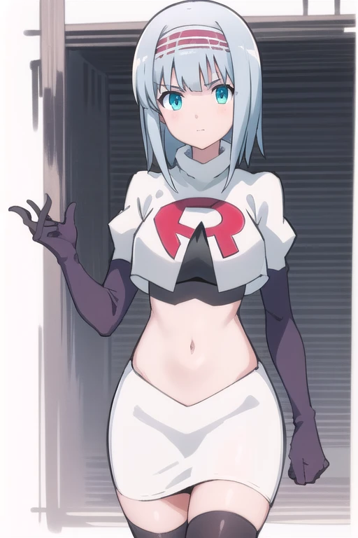 solo, 1girl, looking at viewer, 2D, anime, anime coloring, (simple background, solid white background:1.3),  linze silhoueska, team rocket,team rocket uniform,white skirt,red letter R,crop top,black thigh-highs,black elbow gloves