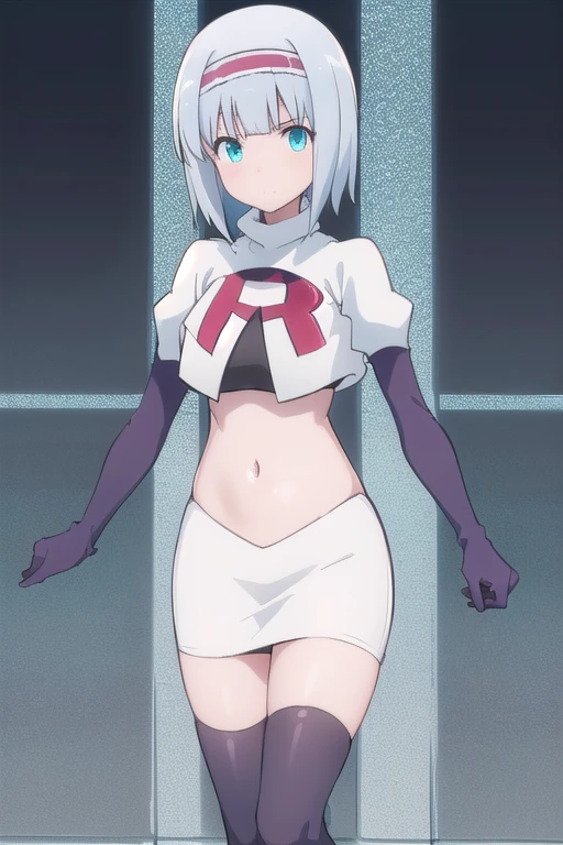 solo, 1girl, looking at viewer, 2D, anime, anime coloring, (simple background, solid white background:1.3),  linze silhoueska, team rocket,team rocket uniform,white skirt,red letter R,crop top,black thigh-highs,black elbow gloves