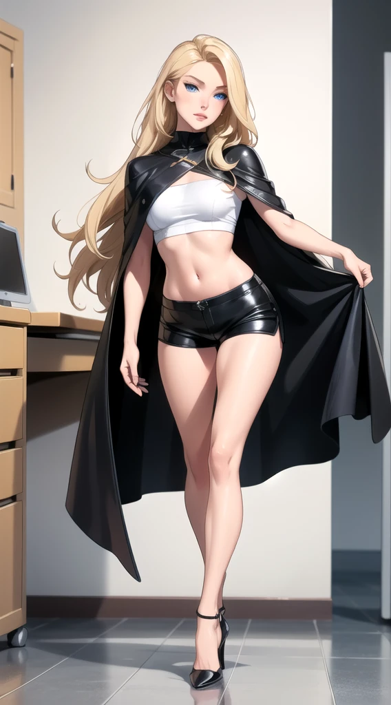 Skinny blonde girl, on leather shorts, leather top and a black cape whit, black heels, and white socks, long blonde hair, (detailed face) blue eyes, sexy skinny girl. Walking on office, detailed face, beautiful eyes.