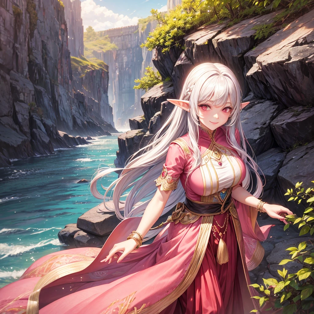 A mature woman with long silver hair and straight bangs,elf ear,red eye,wearing a pink long fancy dress,scenery is beautiful behind her, aesthetic art, she's smiling to camera