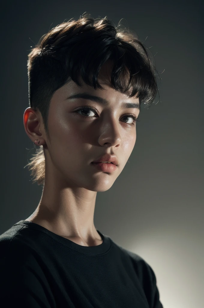 an 18 yo woman,(hi-top fade:1.3),long hair,dark theme, soothing tones, muted colors, high contrast, (natural skin texture, hyperrealism, soft light, sharp),