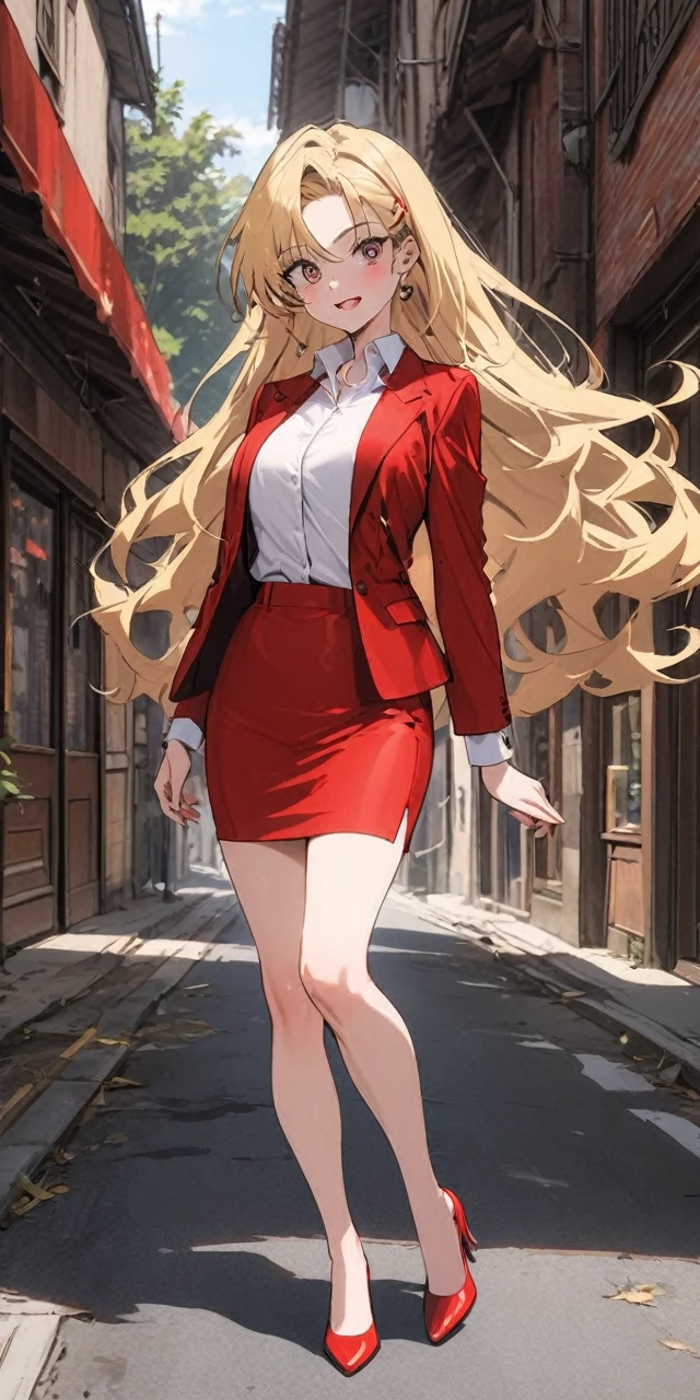 90s evil adult blonde business women in a red pencil skirt , red blazer, white blouse , red heels full body white skinned