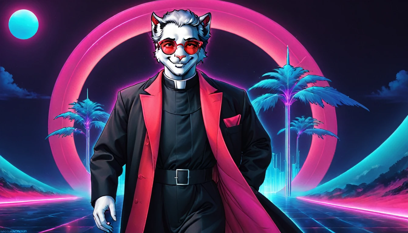 corvid, smiling in a sadistic and disturbing way, priest's suit with red stripes, red vest under the trench coat, round red glasses, background vaporwave.