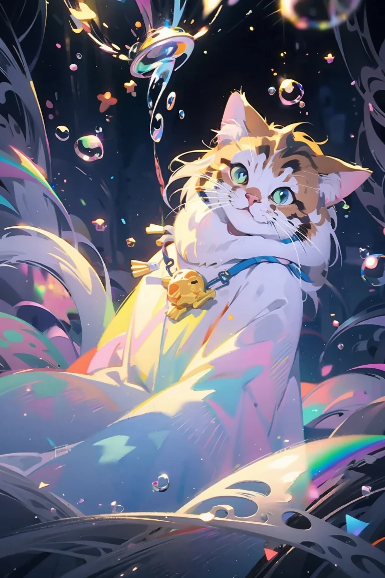 masterpiece, best quality, intricate details, (Excellent anatomy:1.4)、cat、 Otherworldly liquid fantasy background, watercolor, bright and vibrant colors, whimsical, rich and colorful, ((rainbow bubbles))、artwork:Katsuya Terada 、(眠っているcat:1.2), watercolor画、black background、Diego Gisbert Lawrence、Joe San Gonzalez and Mumford、picture book illustration、Fuzzy、ultra wide angle lens、best quality、Dense、golden ratio composition、