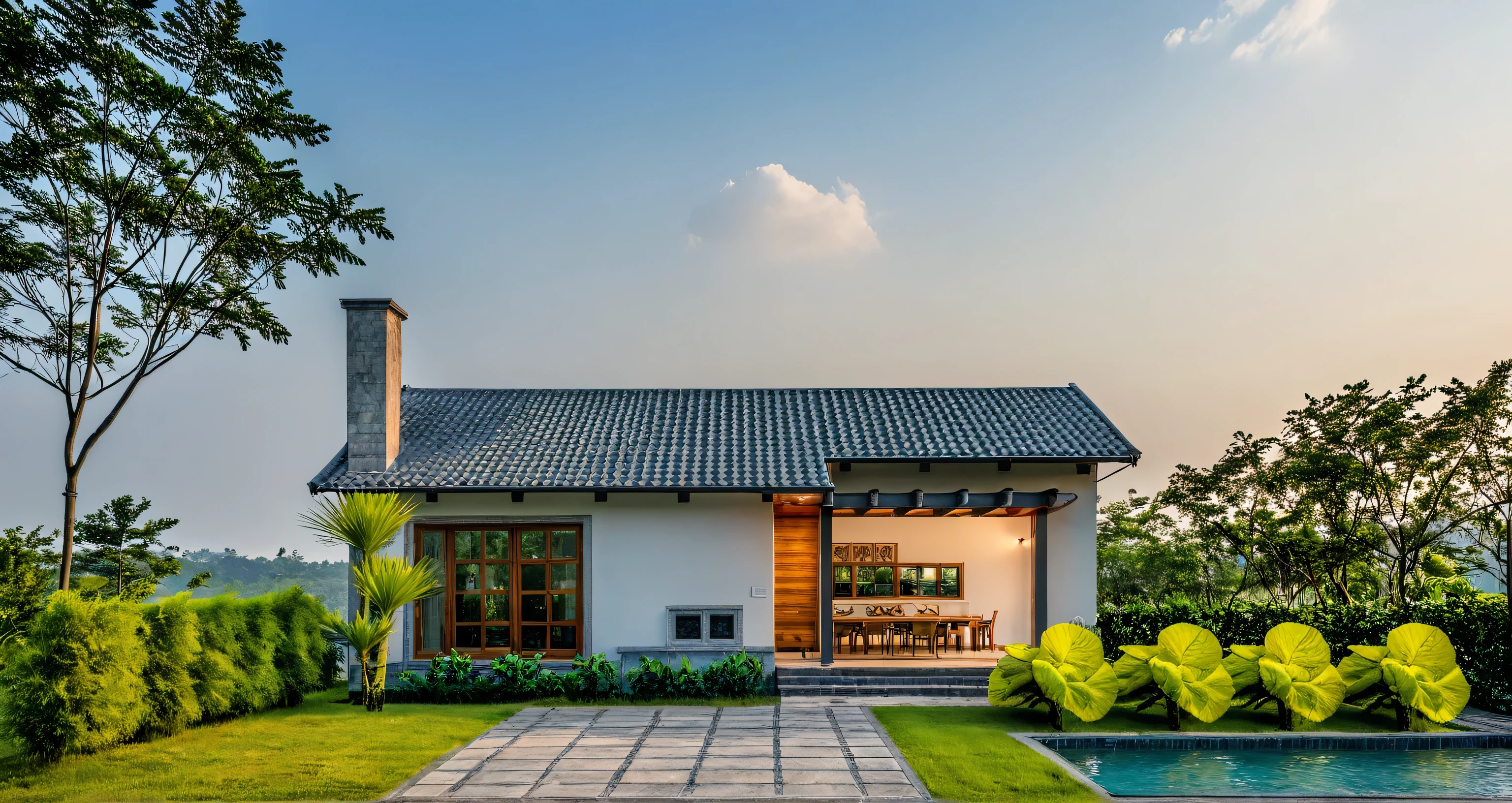 Picture a modern countryside villa exterior in Vietnam, featuring a sloped roof, ((stone)), traditional Vietnamese elements, a spacious courtyard with expansive green lawns, and tropical trees, surrounded by a lively morning atmosphere filled with genuine sunlight, Photography, use a wide-angle lens on a professional-grade camera to capture the authenticity of the scene, RAW photo, (high detailed skin:1.2), 8k UHD, DSLR, soft lighting, high quality, film grain, Fujifilm XT3 3ArchiAI_countryvilla