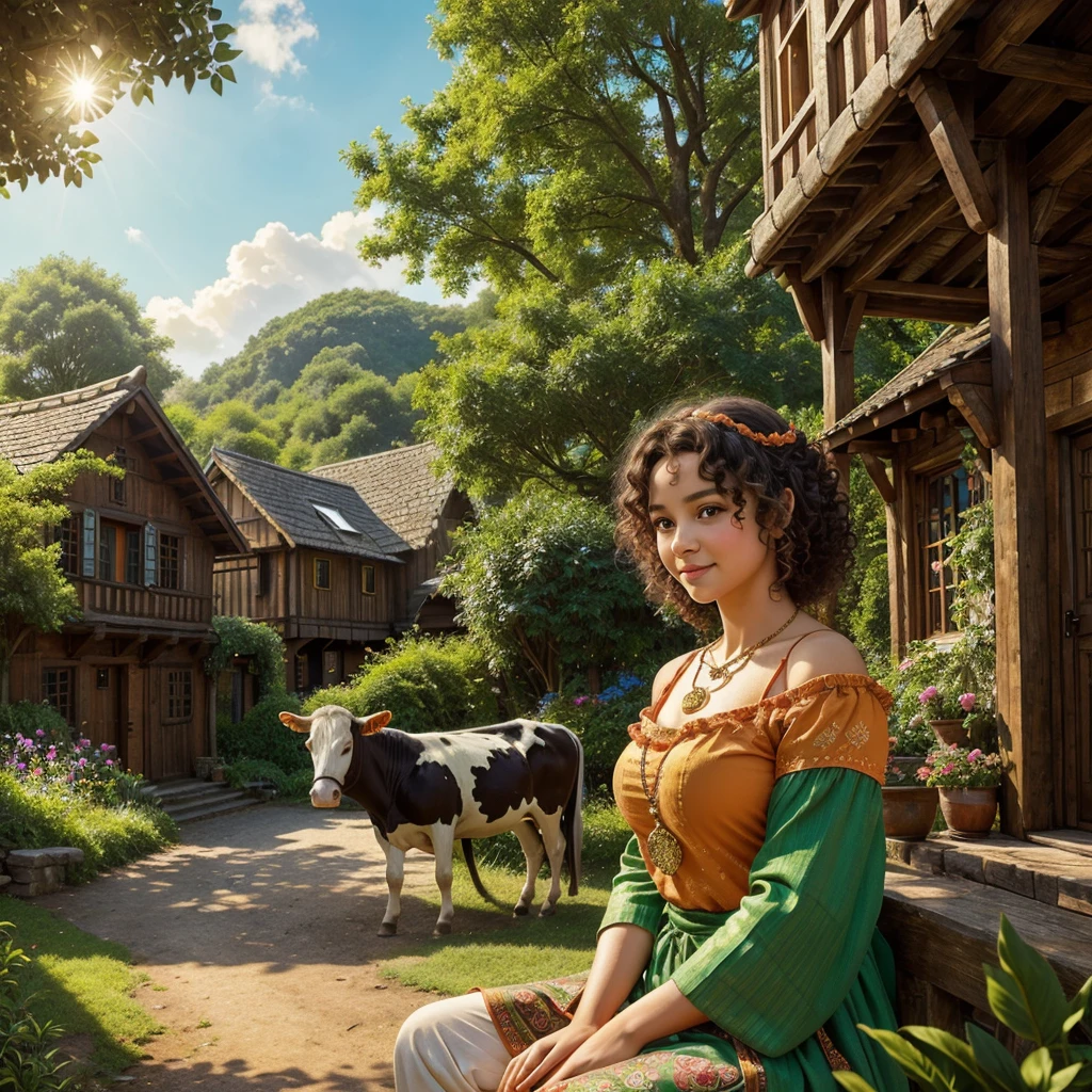 A whimsical scene of a cherubic  with large expressive eyes, sitting atop a gentle cow in a quaint village setting. The  has curly hair adorned with colorful ornaments and wears traditional attire, complete with a golden necklace and a vibrant orange top. In their hands, they hold a decorative pot filled with creamy milk, exuding a sense of innocence and joy. The background features rustic houses and lush greenery, bathed in warm sunlight, creating a magical, serene atmosphere. Ultra-realistic, vibrant colors, cinematic lighting, and intricate details, reminiscent of a storybook illustration.