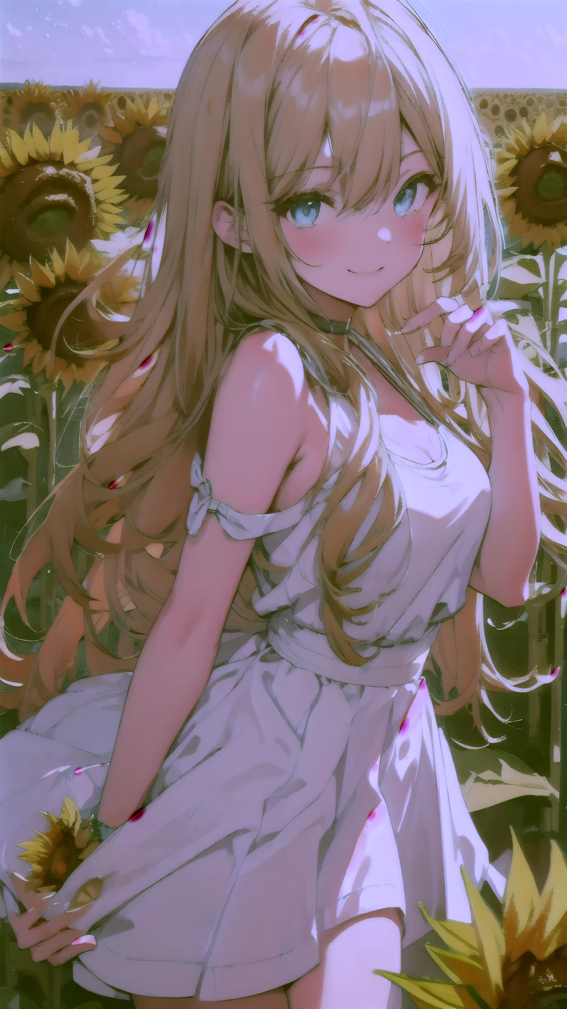 (masterpiece:1.3), (best quality:1.2), {8k, ultra detailed, ultra high res:1.2}, ((anime style)), perfect 5 fingers, perfect anatomy, 
1girl,
BREAK long hair, wavy hair, (White camisole:1.1), 
(blonde hair), 
(blue eyes), 
medium breasts,  
BREAK smile, sunflowers, (sunflowers field:1.3),   
cowboy shot, 