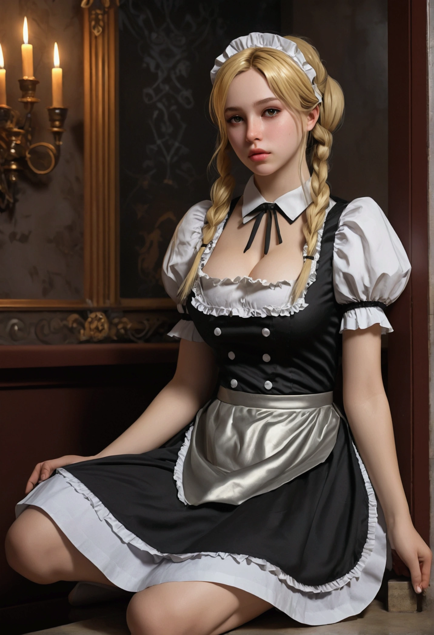 14-year-old girl in maid outfit with big breasts (Gothic style) torn skirt golden body proportion messy blond hair (inner splayed feet) (very detailed CG unity 8k wallpaper) big breasts torn skirt ruddy and shy Ed Blinkey America&#39;s most beautiful body art, ATey Ghailan, painting by Jeremy Professional Gorgeous Mann, Greg Manches, Antonio Moro, Artstation Trends, CGSOC IETY TRENDS, intricate, tall detailed, accurate, dramatic realism art, cg, 3d, 8k 4k