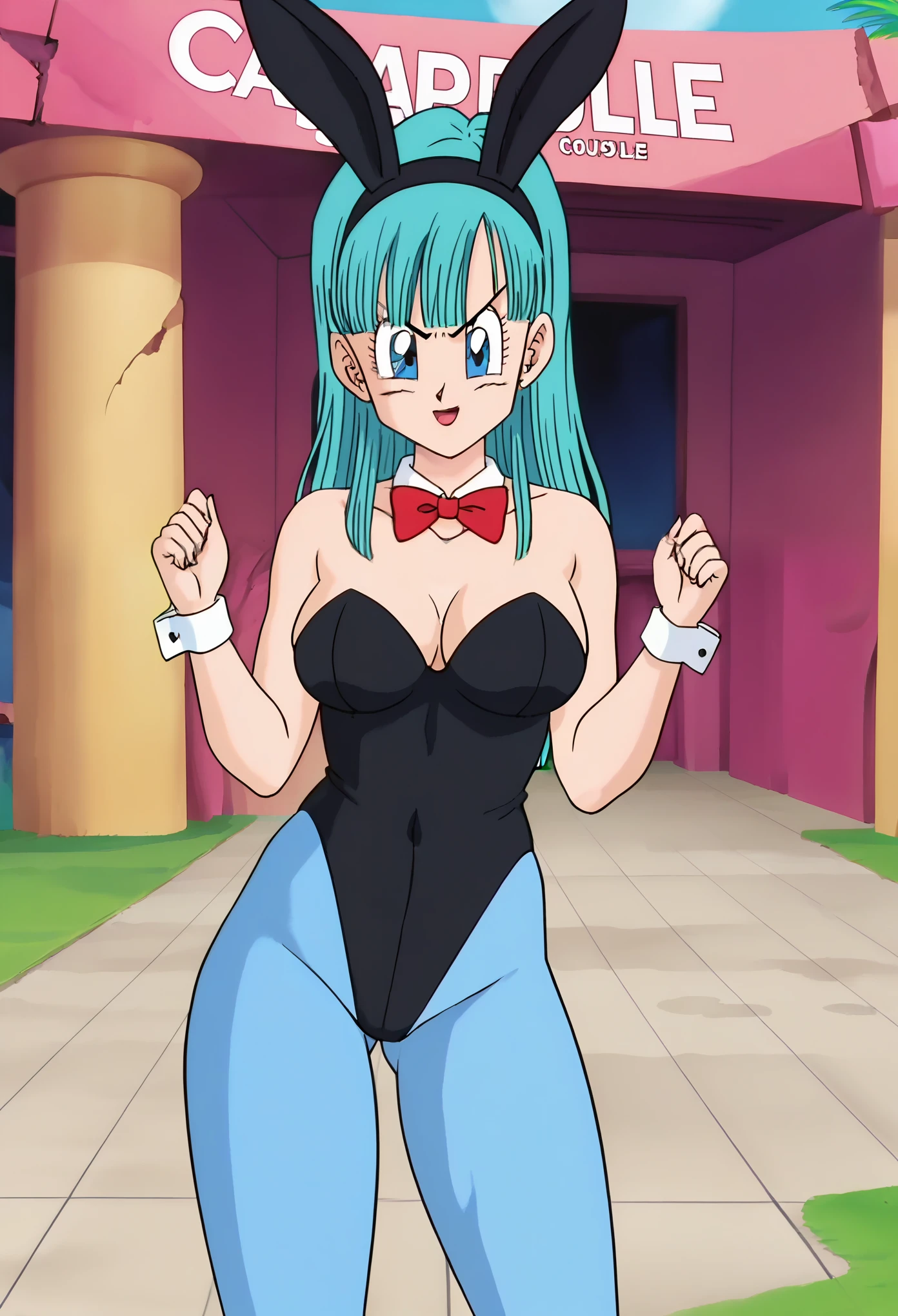 source_anime, score_9, score_8_up, score_7_up, anime screencap, bulma, 1girl, solo, breasts, looking at viewer, happy, long hair, aqua hair, fringe trim, blue eyes, standing up, ((black bunny suit)), sexy, ((blue pantyhose)), ruins, bunny ears, red bow tie , (((close up))), deep breast grab, (((suspicious expression))), ((portrait))