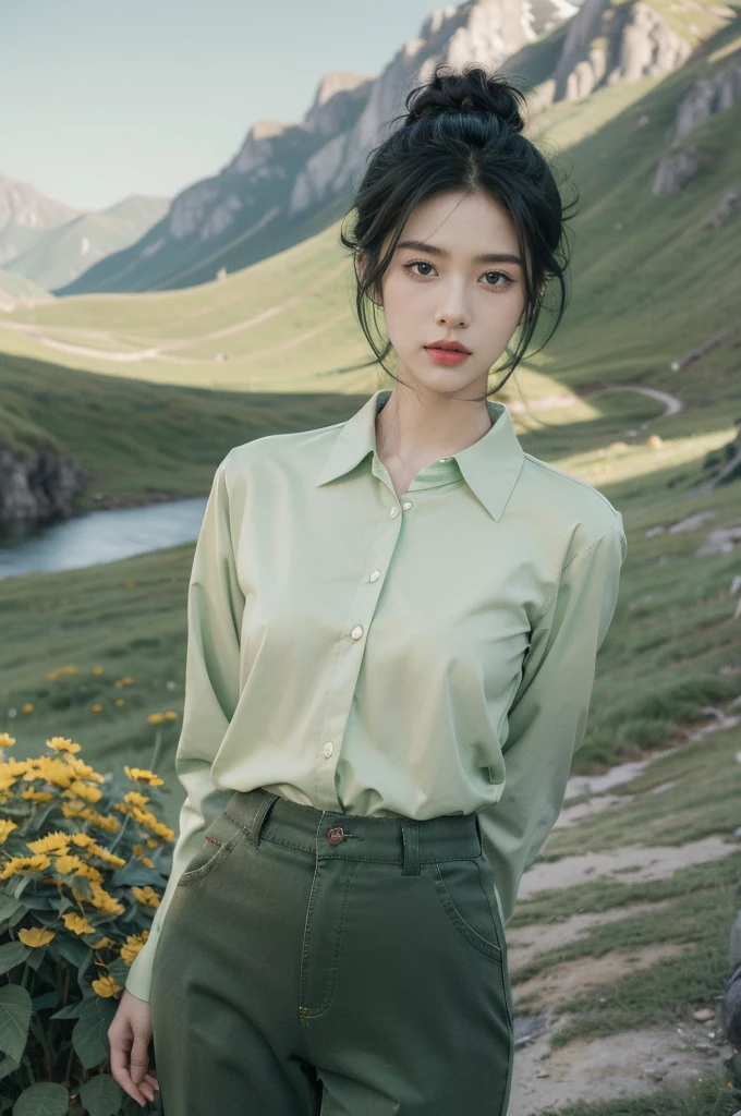 (((best quality))),(((ultra detailed))),(((masterpiece))),illustration,((1 beautiful girl,tomboy,solo)),(short black hair:1.2),((slim,thin)),((small breasts,thin)), vigorous, confident, (light green collared shirt:1.3), (dark green pants:1.2), simplicity, robustness, strong features, (vibrant colors:1.3),glowing eyes, rebellious, sensible, (mountainous landscape:1.3), (vibrant colorful flowers:1.3), elegance, unyielding spirit, youthful beauty, strength, resilience, adversity, challenges,((from front,upper body))
