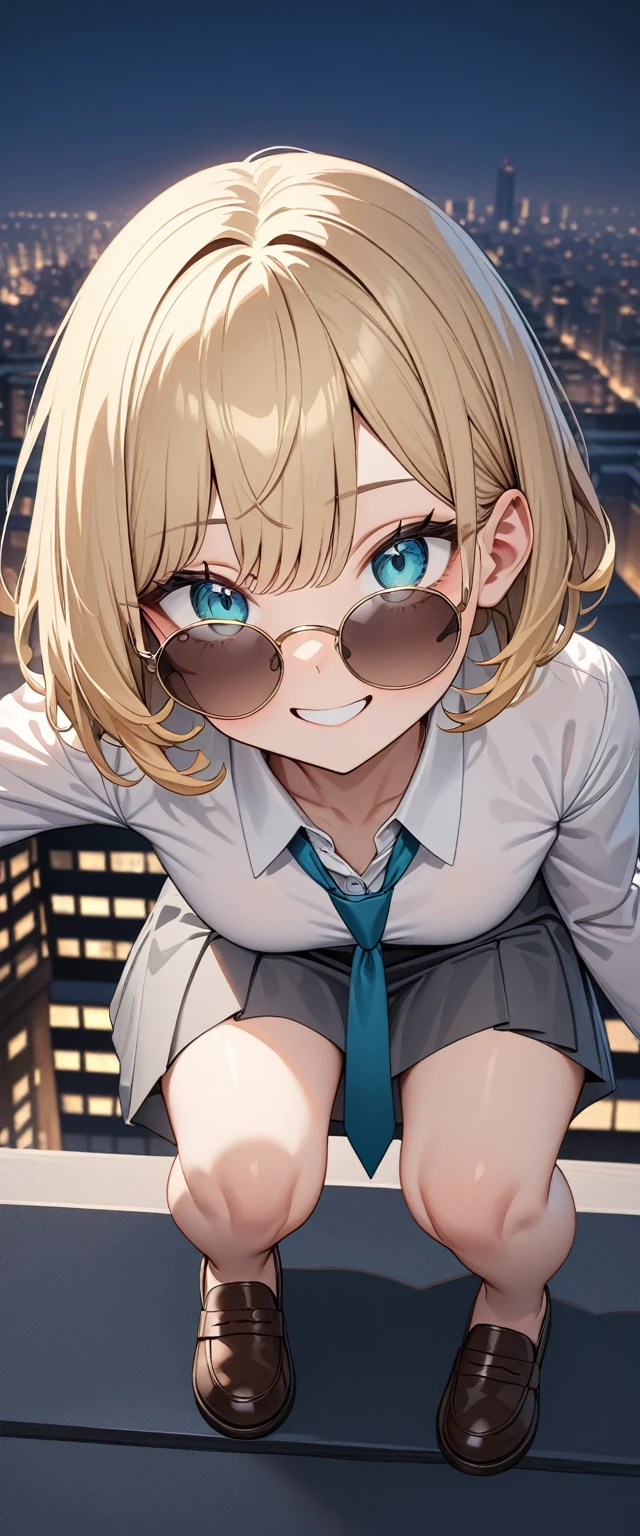 (masterpiece, Highest quality, でvery aesthetic, Super detailed), Intricate details, ((Cityscape, )), night,
One woman, Grin, Blonde, Wavy Hair, Red gradient hair, Chest, Brown Loafers, Bobcut, blush, (((On top of a building))), Turquoise Eyes, Big eyes, Round eyes, ((sunglasses)), , Collared shirt, White shirt, , The clavicle is visible, Light blue tie, Grey Skirt, , looking at viewer, Peace sign sideways near the eyes, , Straight skirt, ((Crouching with legs spread))