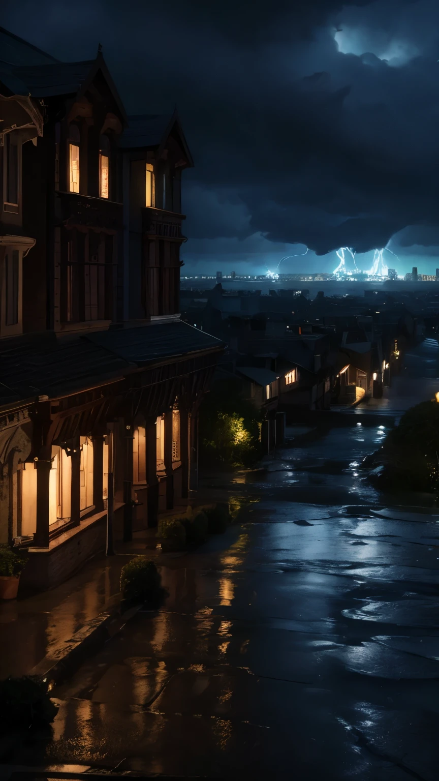 Scene: A panoramic view of the city of Havencrest, which is one of the few areas protected from the devastating storms of Eternal Storm.

Detailed Description:

Setting: Havencrest is a fortified city located in a relatively safe area, with unique architecture adapted to withstand storms. The city is surrounded by high walls, which have a robust appearance and appear to have been designed to withstand strong winds and heavy rain.
Architecture: The buildings are solid and old-looking, with sloping and reinforced roofs, designed to divert rainwater. The walls are made of stone, and there are several towers and bastions around the city. The architectural style may resemble a mix of medieval and magical elements, with details such as magical symbols or runes carved into the stones.
Protection from Storms: The city has a visible aura of protection, like a faint glow or magical barrier that separates the city's interior from the storms outside. The barrier can be represented by a faint bluish aura or a layer of magical light that seems to envelop the city.
Colors: Warmer and welcoming tones are predominant in the city, contrasting with the cold and gloomy tones of the storms outside the walls. Colors such as beige, brown and gold for the buildings, and vibrant green for the surrounding vegetation.
Atmosphere: The scene conveys a sense of safety and resilience, an area of ​​refuge and protection amidst the chaos outside. The city appears calm and orderly, with people visible on the streets, moving calmly and carrying out everyday activities.
Objective: Showcase Havencrest as a safe and secure city, highlighting the contrast between internal security and the threatening storms that surround the city. The atmosphere should reflect a feeling of refuge and resistance.