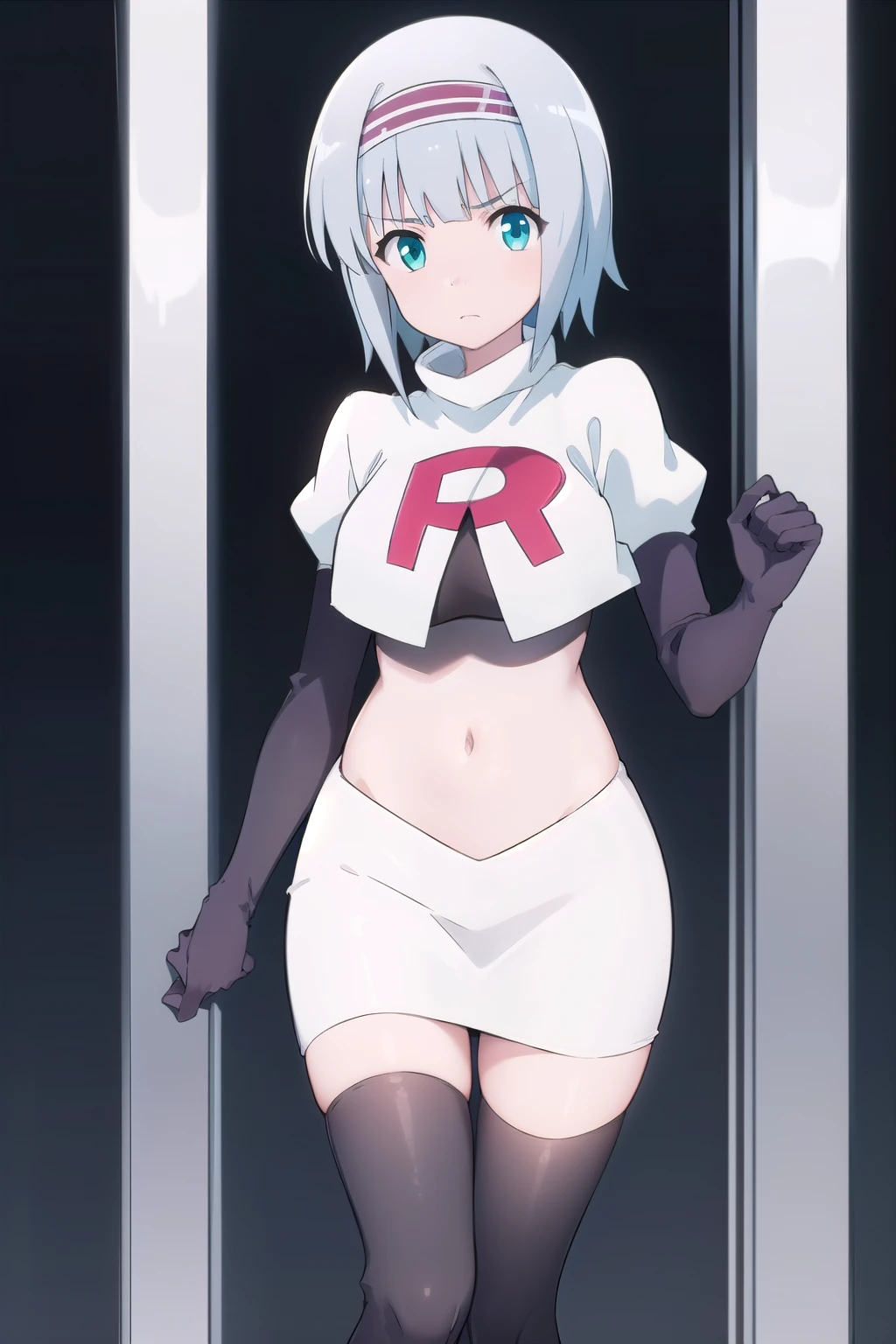 solo, 1girl, looking at viewer, 2D, anime, anime coloring, (simple background, solid white background:1.3), linze silhoueska, team rocket,team rocket uniform,white skirt,red letter R,crop top,black thigh-highs,black elbow gloves