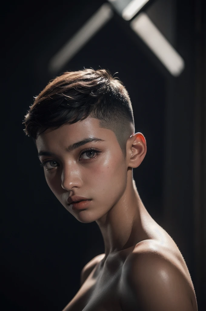 an 18 yo woman,(hi-top fade:1.3),long hair,dark theme, soothing tones, muted colors, high contrast, (natural skin texture, hyperrealism, soft light, sharp),nude