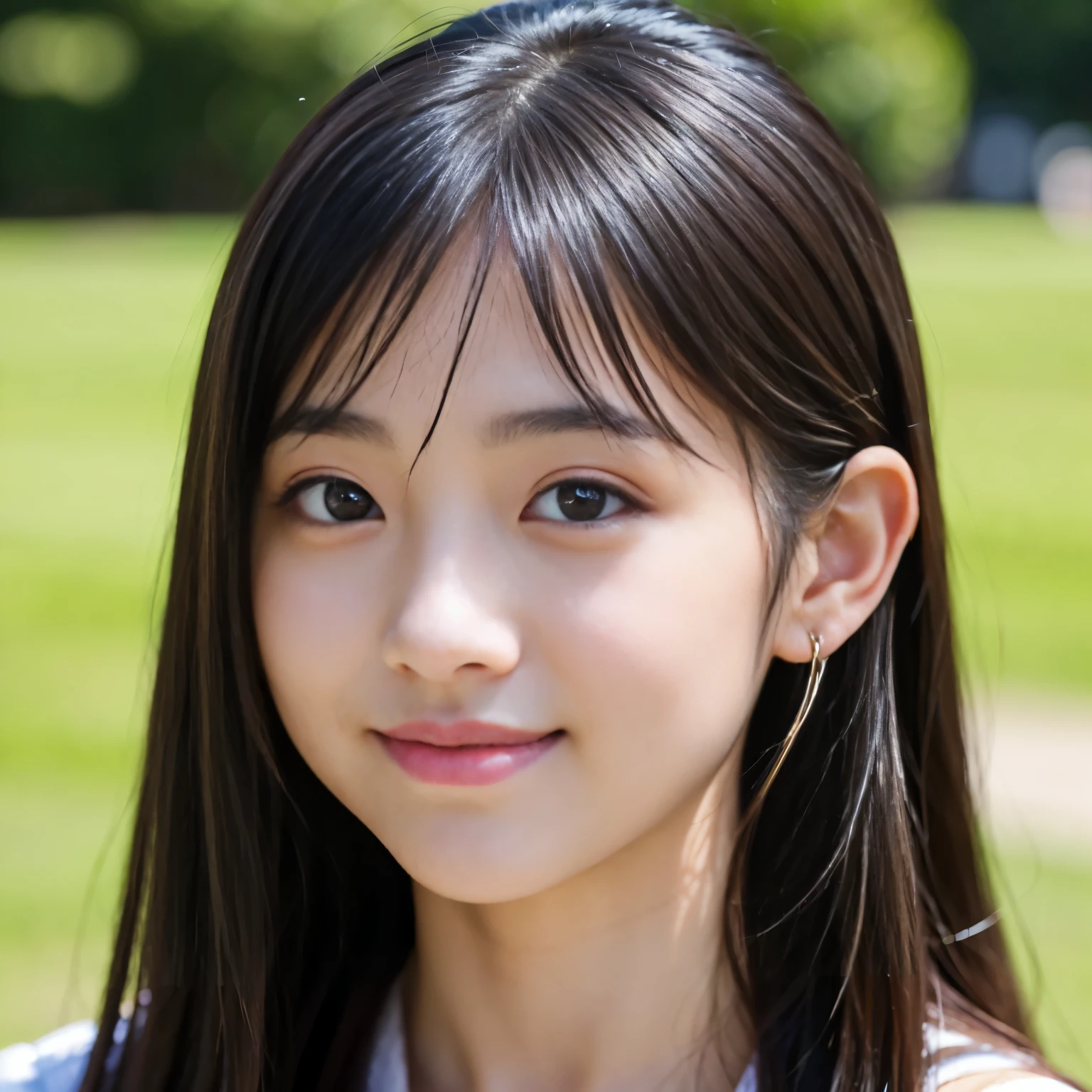 (Best-quality, Masterpiece, Ultra-High-Resolution, (Photorealistic:1.4), Raw Photo, depth of field, professional lighting, perfect anatomy, extremely details), face-focus, 1girl, 15-years-old, the most famous Japanese idol, ((looking at viewer, innocent smile)), (((extremely beautiful and extremely realistic skins))), (((big black-eyes))), ((extremely cute face like the most popular Japanese idol)), (long-eyelashes), (black long-hair), (glossy lips)
