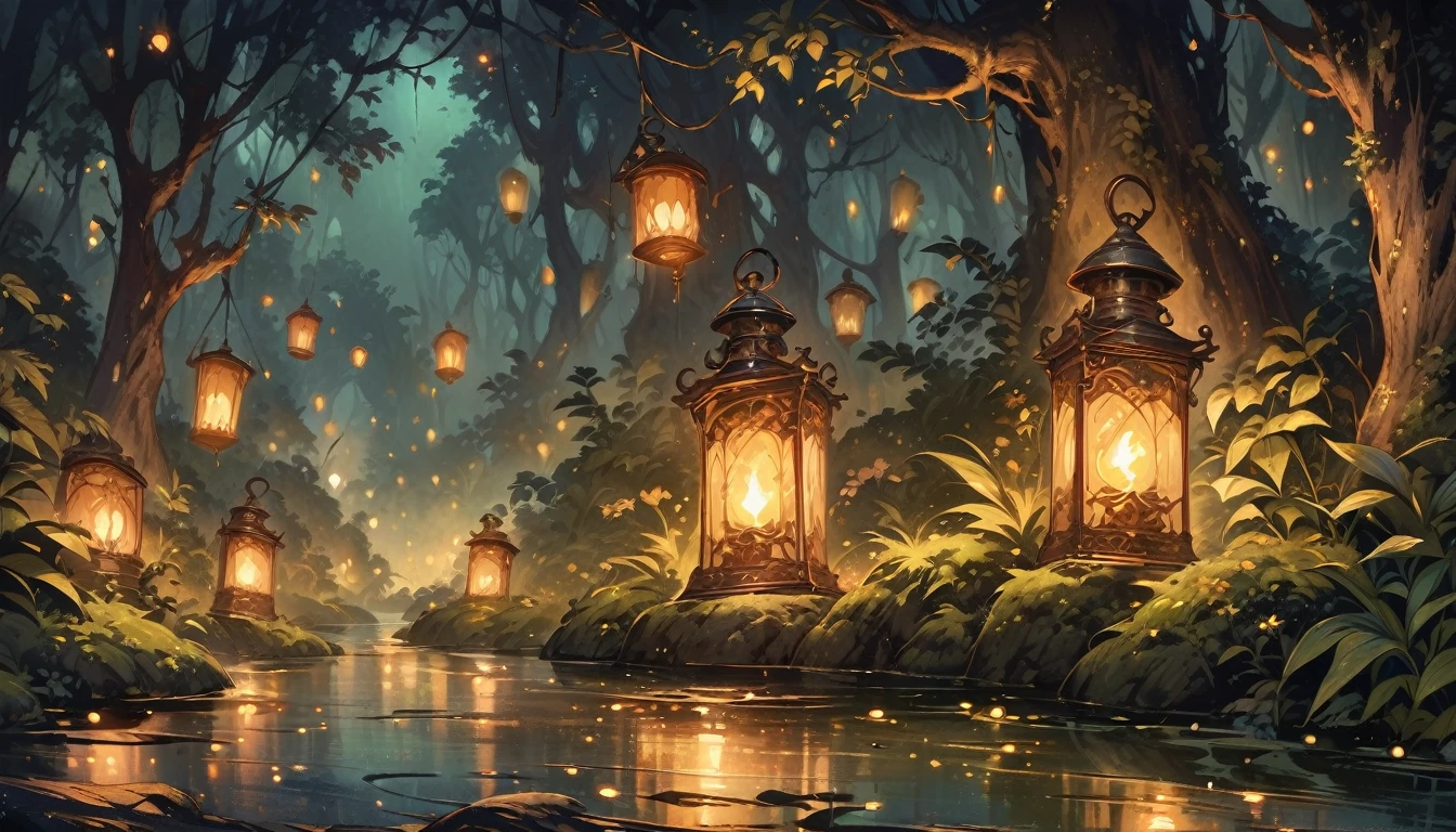 Vintage Victorian style, Precise old encyclopedia (best quality:1.2), (detailed:1.2), (masterpiece:1.2), vintage illustrations of a ghost with a lantern walking in a swampy forest at night, soft light, fireflies