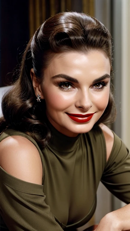 Jean Simmons in sexy military clothes with lipstick and smiling