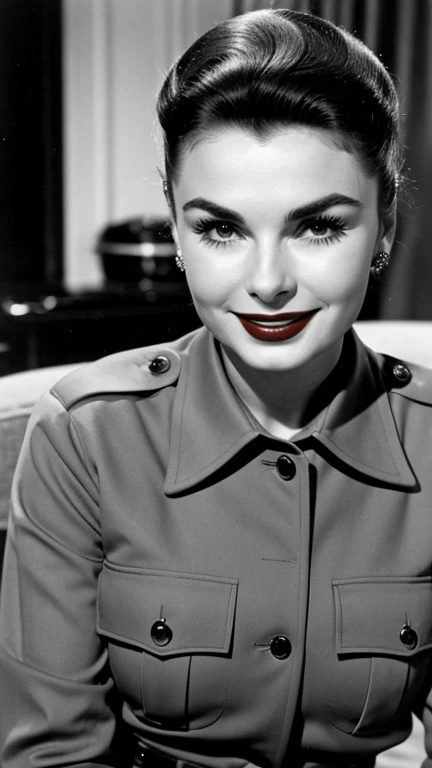 Jean Simmons in sexy military clothes with lipstick and smiling