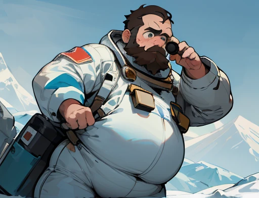 He has his mouth open, astonished, frightened Astronaut, bearded, plump, extremely thick thighs, large belly, fat, using a doll for observation, He holds the binoculars with both hands close to His Face, icy mountains, snowy place, the Astronaut using binoculars to observe( frontal image) Holding a pair of binoculars. dynamic photography.