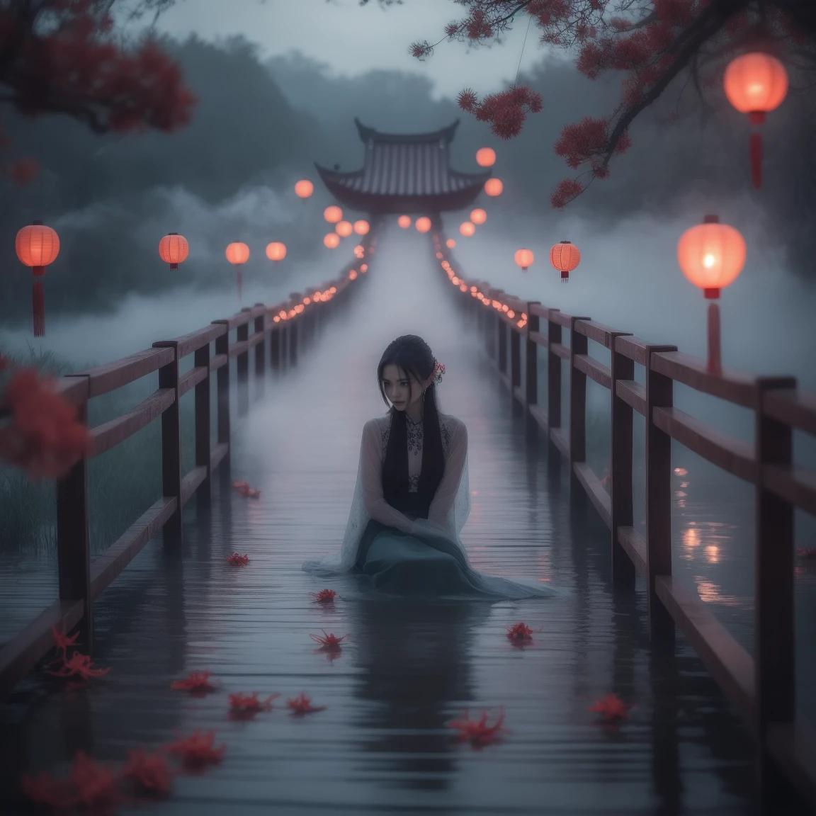 (masterpiece, best quality:1.2), upper body, ((1 beauty girl)), ((wearing clothes)), solo, ((lying pose)), The mysterious Chinese wooden suspension bridge is endlessly long, floating in the mist, on both sides of the bridge are fallen lanterns, on both sides of the river are decorated with red spider lilies, ethereal lighting, delicate smoke effects, dreamlike background , the symbol symbolizes the spiritual journey and reunion, gentle pastel colors, quiet atmosphere, chinese hell theme, cinematic, dark scene,
