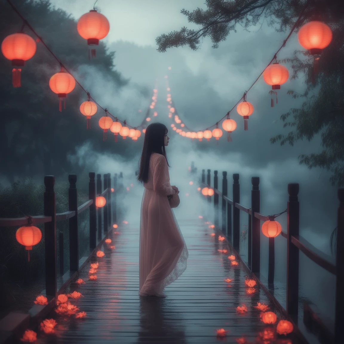 (masterpiece, best quality:1.2), upper body, ((1 beauty girl)), ((wearing clothes)), solo, ((lying pose)), The mysterious Chinese wooden suspension bridge is endlessly long, floating in the mist, on both sides of the bridge are fallen lanterns, on both sides of the river are decorated with red spider lilies, ethereal lighting, delicate smoke effects, dreamlike background , the symbol symbolizes the spiritual journey and reunion, gentle pastel colors, quiet atmosphere, chinese hell theme, cinematic, dark scene,

