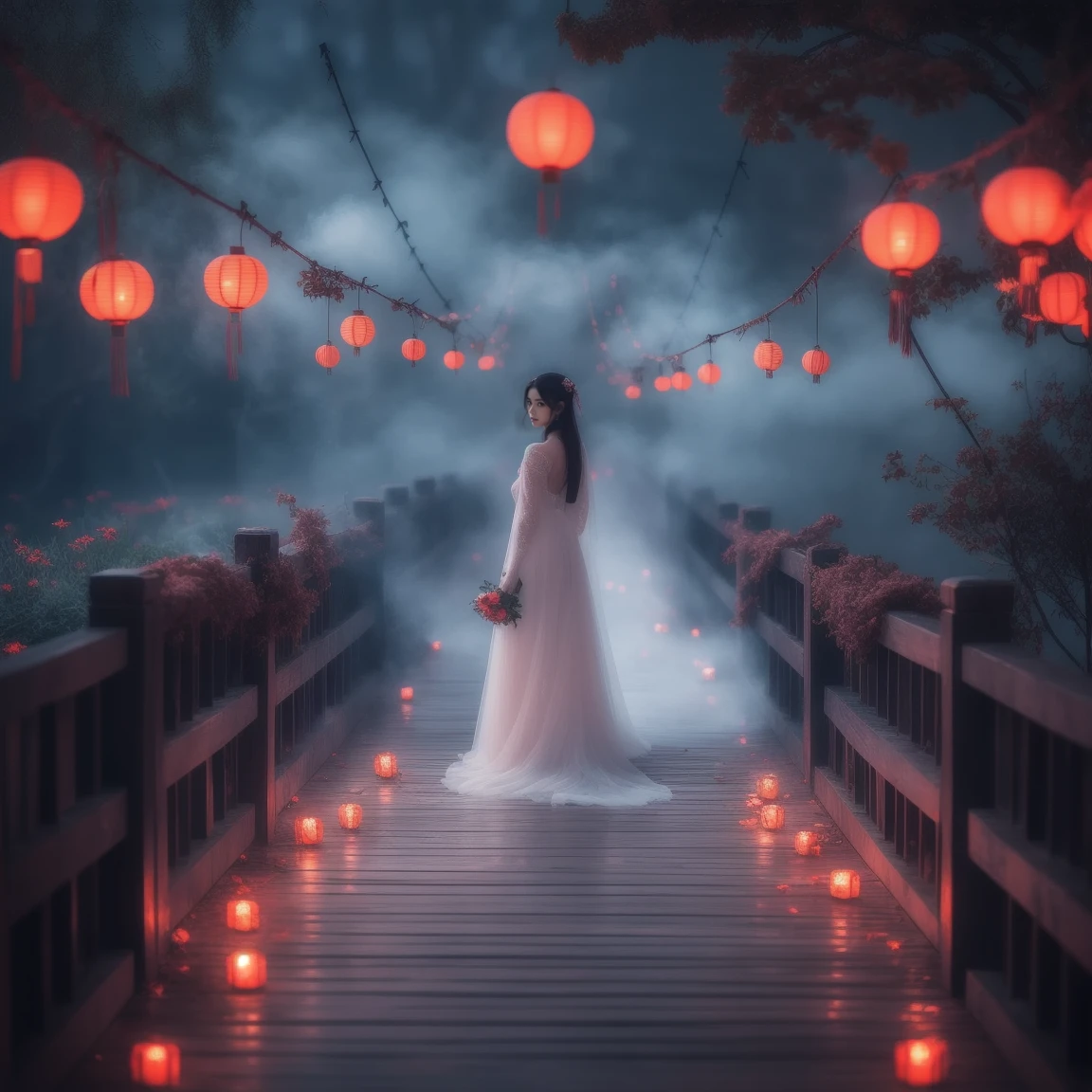 (masterpiece, best quality:1.2), upper body, ((1 beauty girl)), ((wearing clothes)), solo, ((lying pose)), The mysterious Chinese wooden suspension bridge is endlessly long, floating in the mist, on both sides of the bridge are fallen lanterns, on both sides of the river are decorated with red spider lilies, ethereal lighting, delicate smoke effects, dreamlike background , the symbol symbolizes the spiritual journey and reunion, gentle pastel colors, quiet atmosphere, chinese hell theme, cinematic, dark scene,