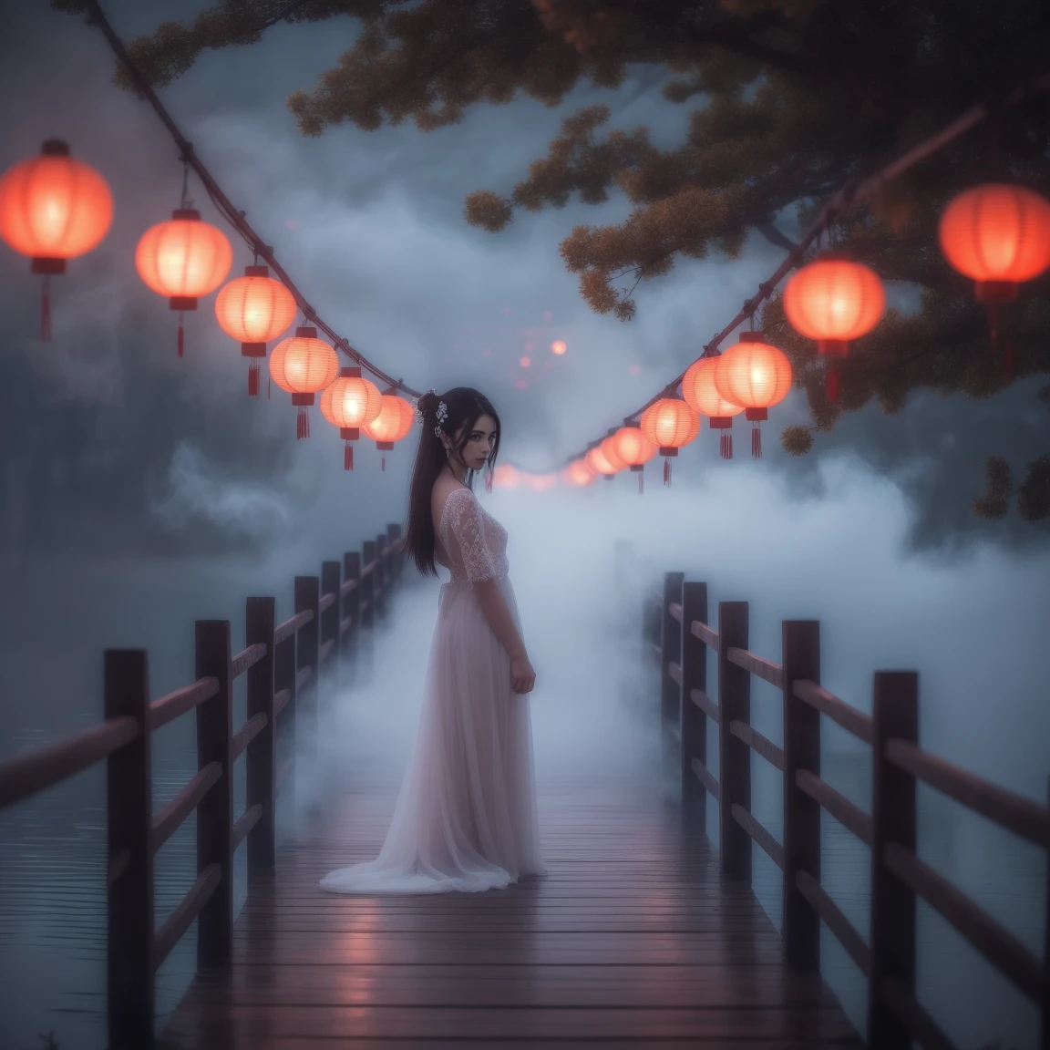(masterpiece, best quality:1.2), upper body, ((1 beauty girl)), ((wearing clothes)), solo, ((lying pose)), The mysterious Chinese wooden suspension bridge is endlessly long, floating in the mist, on both sides of the bridge are fallen lanterns, on both sides of the river are decorated with red spider lilies, ethereal lighting, delicate smoke effects, dreamlike background , the symbol symbolizes the spiritual journey and reunion, gentle pastel colors, quiet atmosphere, chinese hell theme, cinematic, dark scene,