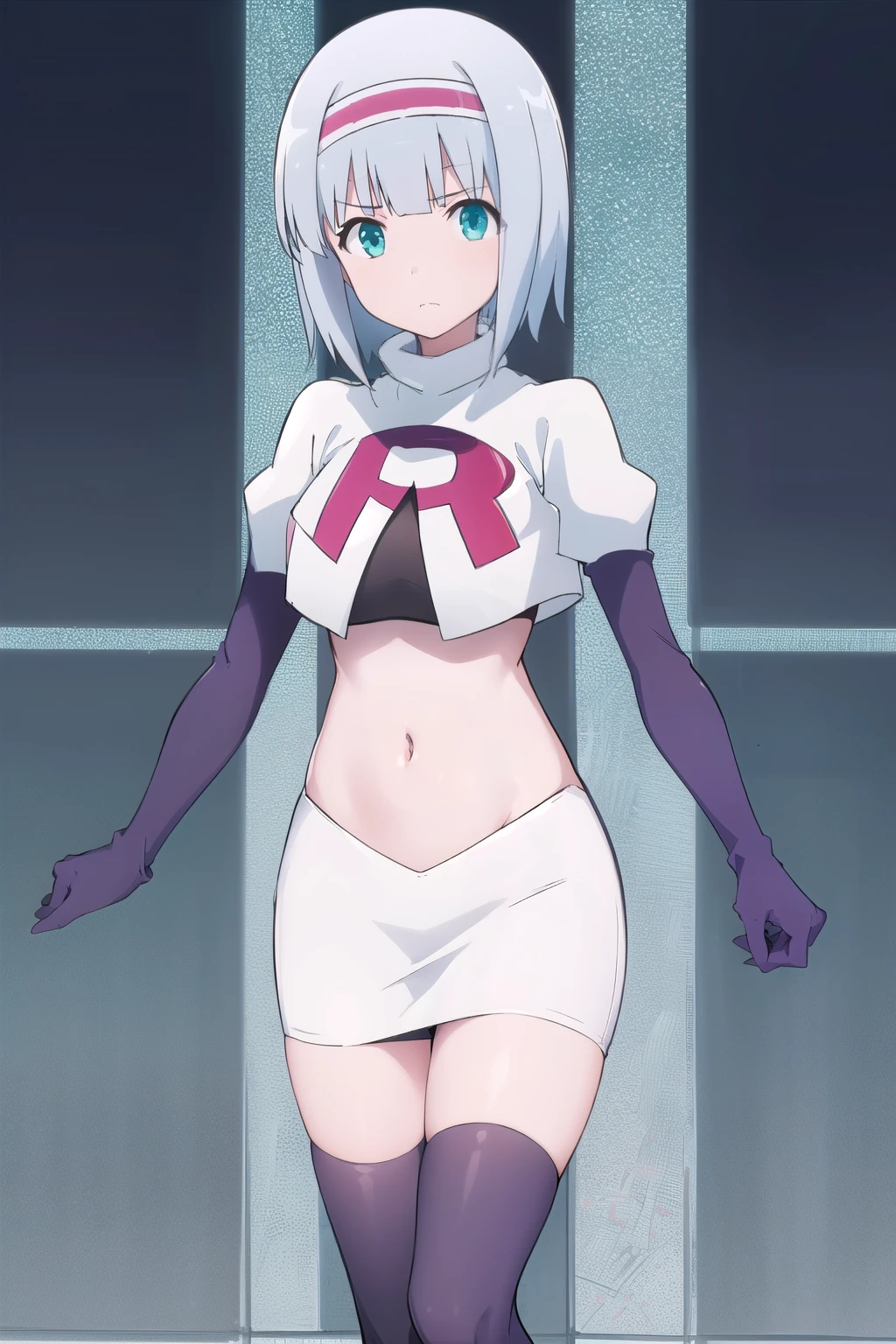 solo, 1girl, looking at viewer, 2D, anime, anime coloring, (simple background, solid white background:1.3),  linze silhoueska, team rocket,team rocket uniform,white skirt,red letter R,crop top,black thigh-highs,black elbow gloves