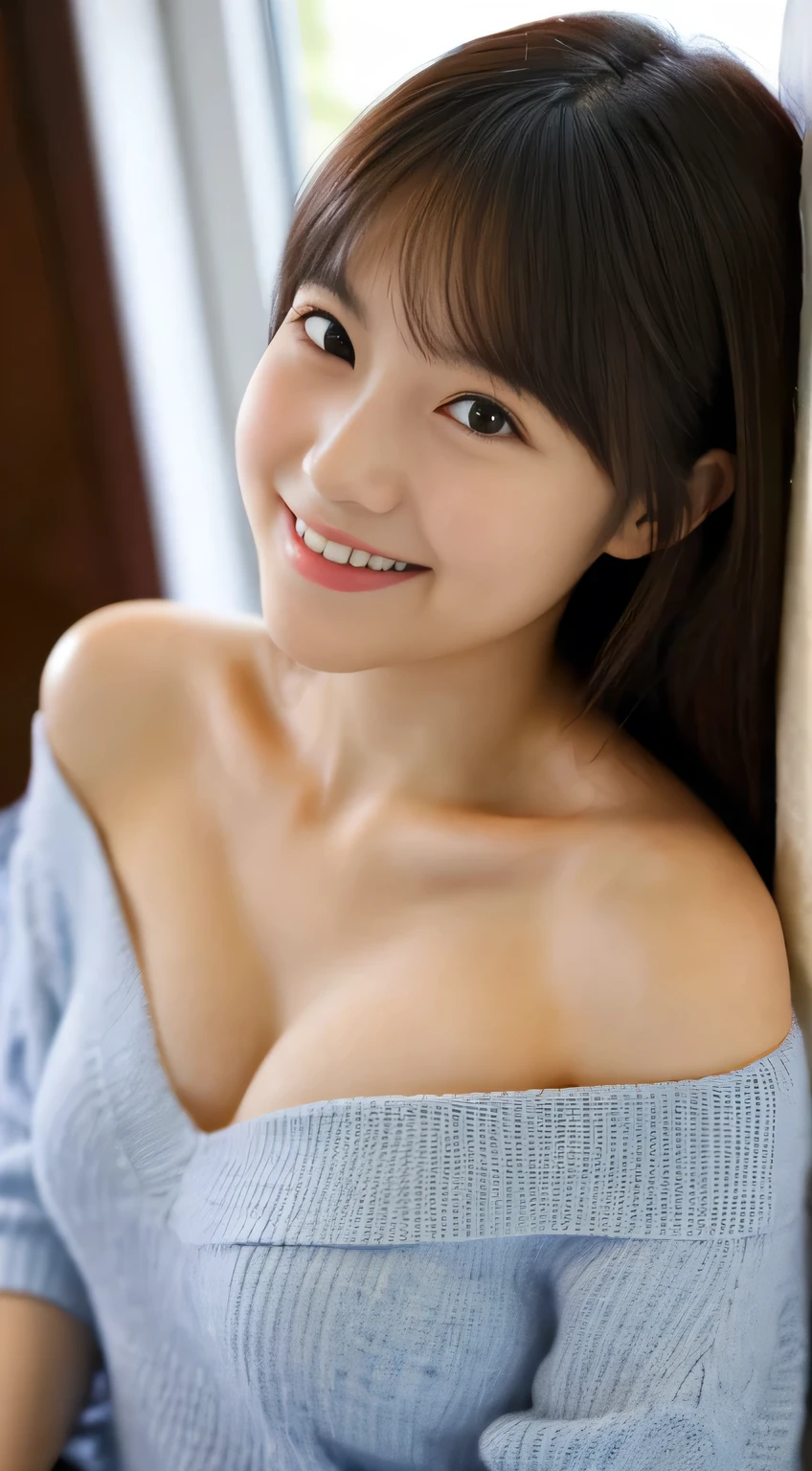 masterpiece,best quality,(Japanese girl),((Beautiful girl)),cleavage,(off shoulder:1.2),(perfect body beauty:1.2),(shy smile),From slightly above,