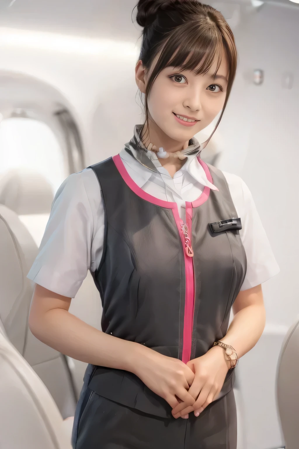 (masterpiece:1.2, Highest quality:1.2), 32k HDR, High resolution, (alone、1 girl)、（On the roof of a building、Professional Lighting）、daytime background、（Realistic style of JR Gran Class crew uniform）、Short sleeve blouse、a scarf around the neck、（JR Gran Class flight attendant uniform with pink parts on the skirt sleeves）、（The uniform of the flight attendants of JR Gran Class has a pink line on the front zipper of the vest.）、There are no pink lines on the uniform skirts of flight attendants in JR Gran Class、Dark brown hair、（Hair tied up、Chignon）、Dark brown hair、Long Shot、Big Breasts、（（Great hands：2.0）），（（Harmonious body proportions：1.5）），（（Normal limbs：2.0）），（（Normal finger：2.0）），（（Delicate eyes：2.0）），（（Normal eyes：2.0））)、Luxury earrings、smile、Beautiful standing posture,