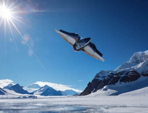  dynamic photography. Spaceship flying low over icy mountains 