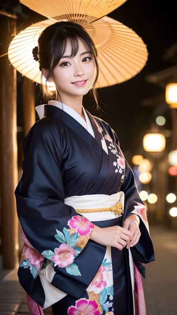(Super beautiful woman in kimono)、((highest quality、8K masterpiece:1.3))、sharp focus:1.2、(super beautiful face:1.0)、(shiny skin:1.0)、realistic pictures、black hair、video lighting、High resolution eyes and face、video lighting、japanese actress、from the front、with a happy smile、whole body、wearing a kimono、in Kyoto、(luxury obi)、with a fan、Fireworks Display