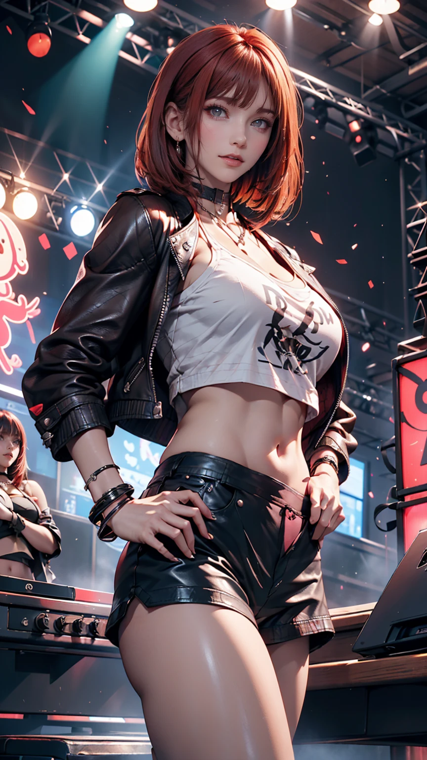 24-year-old woman、Red hair、Bob Hair((bob cut))、Leather shorts((panties))、T-shirt with hard rock band logo printed on it、Leather midriff jacket((midriff jacket))、Leather choker、Leather Wristbands、Heavy makeup、Place hands on hips、Stiletto heels、Rock Festival Venues、An exciting atmosphere