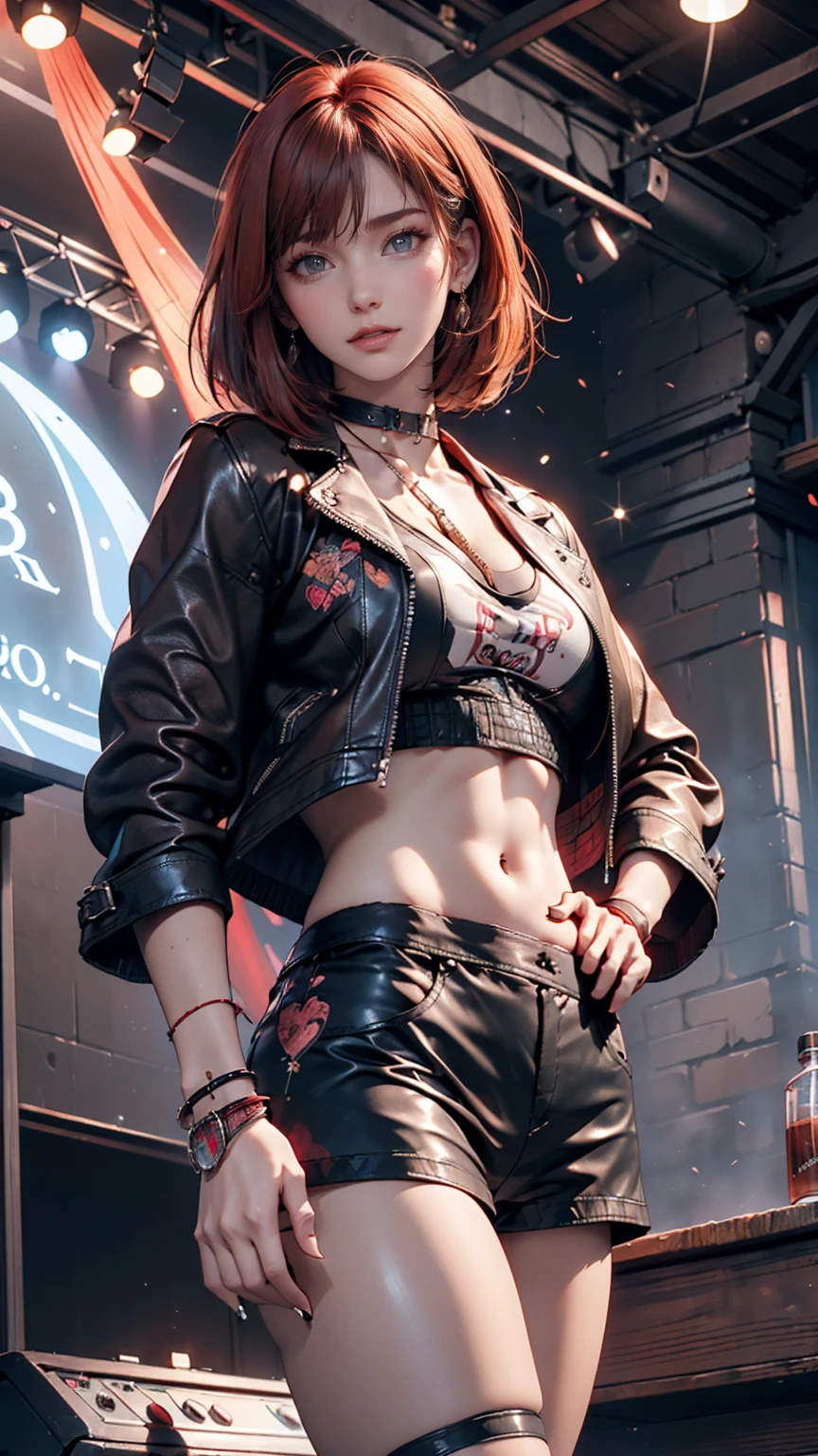 24-year-old woman、Red hair、Bob Hair((bob cut))、Leather shorts((panties))、T-shirt with hard rock band logo printed on it、Leather midriff jacket((midriff jacket))、Leather choker、Leather Wristbands、Heavy makeup、Place hands on hips、Stiletto heels、Rock Festival Venues、An exciting atmosphere