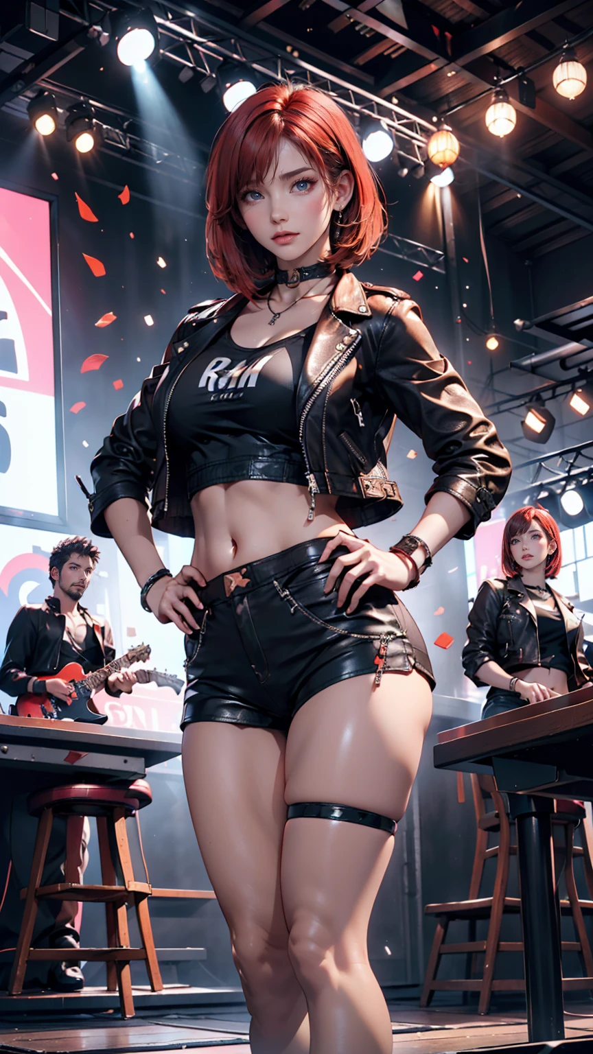 24-year-old woman、Red hair、Bob Hair((bob cut))、Leather shorts((panties))、T-shirt with hard rock band logo printed on it、Leather midriff jacket((midriff jacket))、Leather choker、Leather Wristbands、Heavy makeup、Place hands on hips、Stiletto heels、Rock Festival Venues、An exciting atmosphere