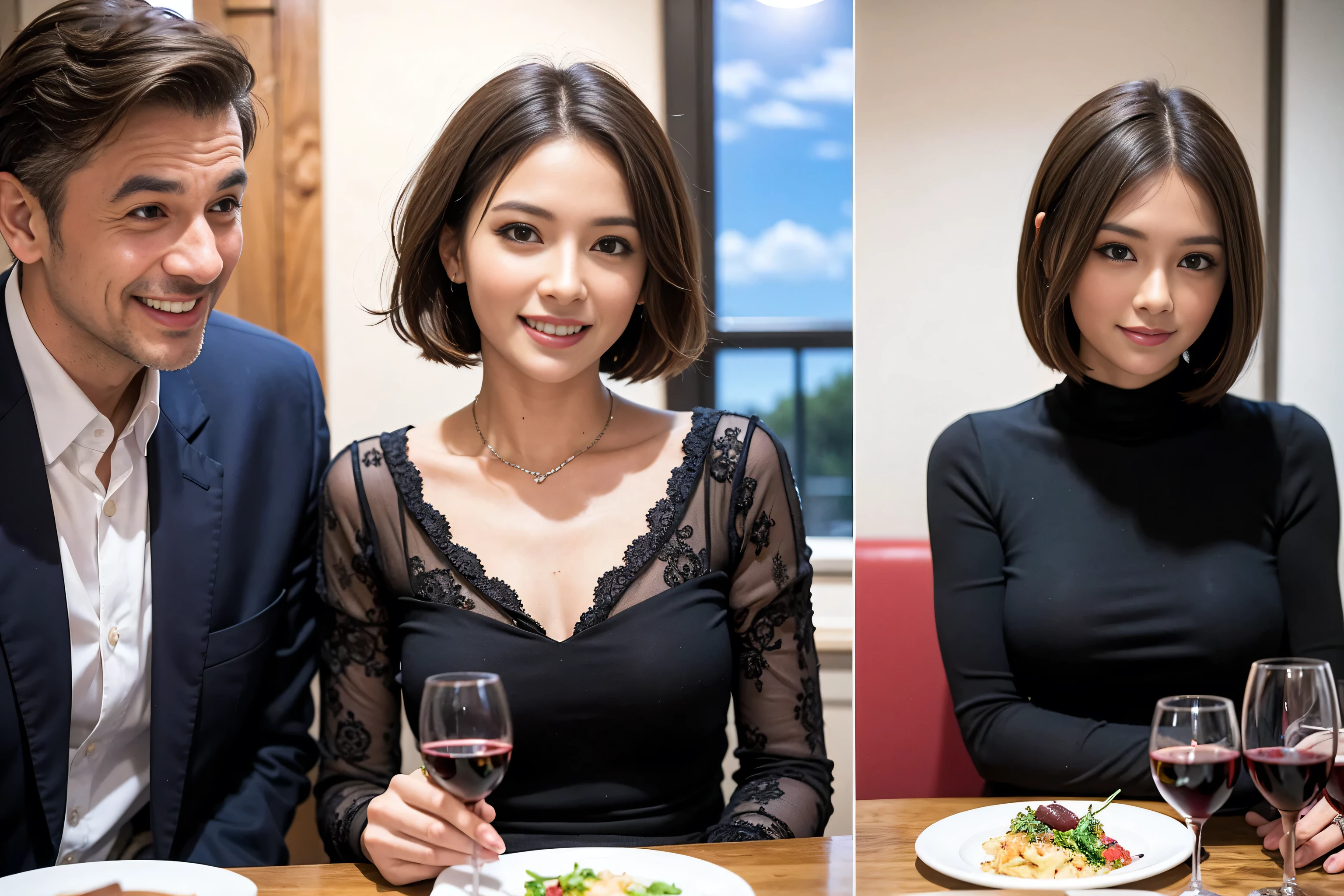 （Realistic:1.1）,(masterpiece,Highest quality)，8k,(49 years old), 50 years old, slimカップル、Tight waist,Upper Body,full-course dinner、wine 、Amazing view of the sunset sky and clouds、Perfect Anatomy, Brown Hair, short hair,Random Hairstyles,((Highly detailed face and eyes:1.2))，Perfect golden ratio face，Long sleeve shirt、dress,(smile:1.2)、Shortcuts、cute、(Realistic, Intricate details:1.2), A bright smile、short hair,Bright Face、赤wine 、Appetizers、Italian food、wine bottle、Champagne、スパークリングwine、(slimな顔), (The body is slim), (Brown Hair), (Shortcuts),  Upper Body, 白wine, slim, wineグラス, 