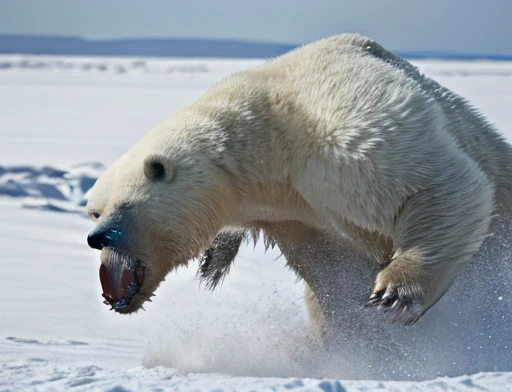 A frontal image of the moment of a polar bear attack on Expectador . The polar bear attacks the spectator with his binges, the bear is furious . Animal rage rage . He wears a very torn and torn leather blanket as primitive clothing.. He attacks , dynamic angle.