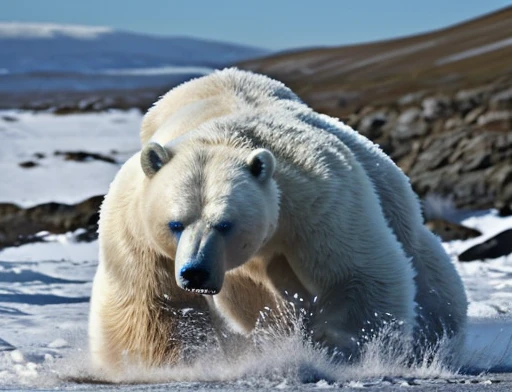 A frontal image of the moment of a polar bear attack on Expectador . The polar bear attacks the spectator with his binges, the bear is furious . Animal rage rage . He wears a very torn and torn leather blanket as primitive clothing.. He attacks , dynamic angle.